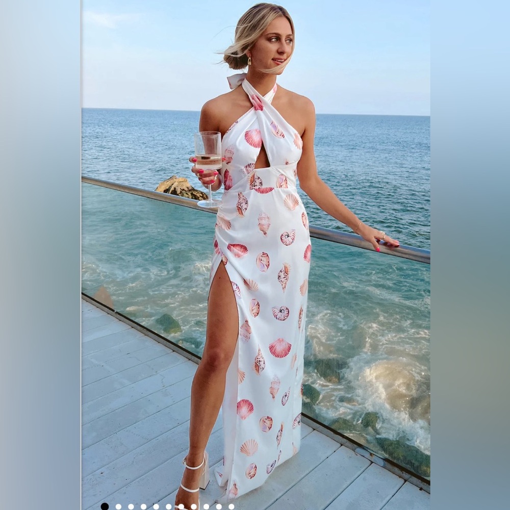 Show Me Your Mumu Adele Halter Maxi Dress ~ White Shell Luxe Satin Size Medium